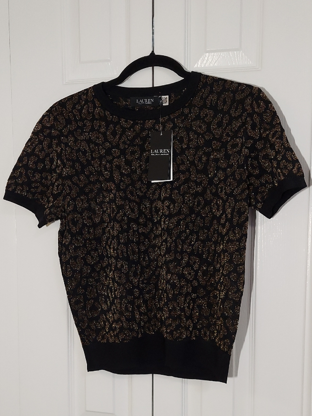 Ralph Lauren Top, NEW!Size Medium, Black Gold Knit, Short Sleeve